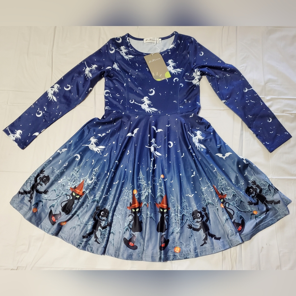 LaBeca Girl Size XL Blue Halloween Witch Cat Dress New Long Sleeve